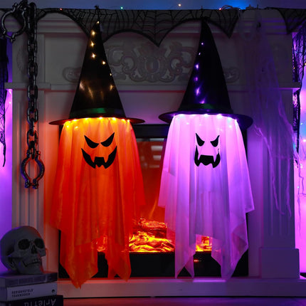 2-Piece Lighted Halloween Ghost Witch Hats, Glowing Hanging Indoor Outdoor Decor