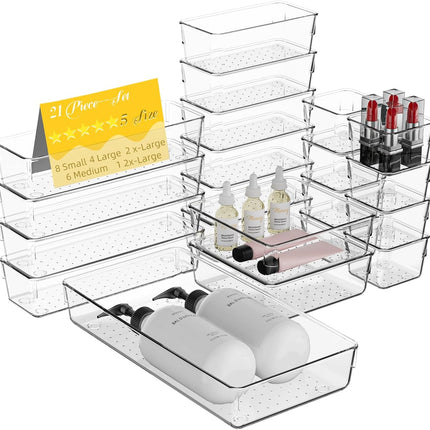 21-Piece Clear Drawer Organizer Set – 15” Bins for Vanity, Kitchen & Office