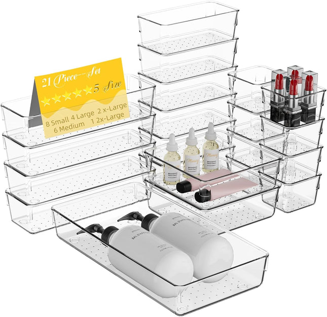 21-Piece Clear Drawer Organizer Set – 15” Bins for Vanity, Kitchen & Office