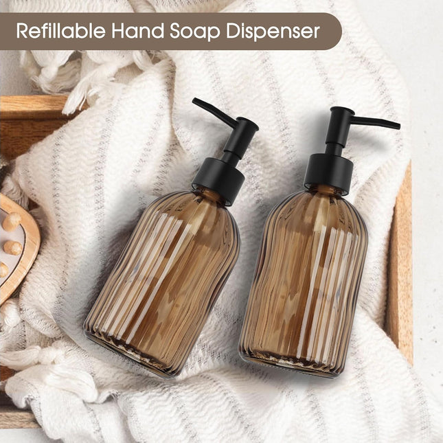 2-Pack Amber Glass Soap Dispenser Set 400ml Black Pump for Kitchen Bathroom Lotion