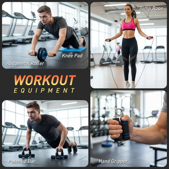 AB Wheel Roller Kit with Push Up Bar Knee Mat Jump Rope Hand Gripper