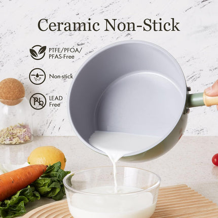 2QT Ceramic Nonstick Saucepan with Lid & Steamer, PFAS-Free, Induction Safe