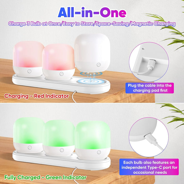 3 Pack Rechargeable LED Light Bulbs with Magnetic Charging Station Remote Control RGB