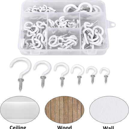 90PCS White Ceiling Hooks Kit Vinyl Coated Screw In Hanging Hooks 6 Sizes