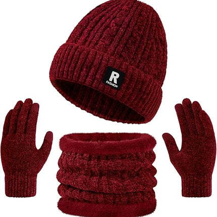 3PCS Winter Hat, Scarf & Gloves Set – Warm Fleece Lined Skull Cap & Gloves