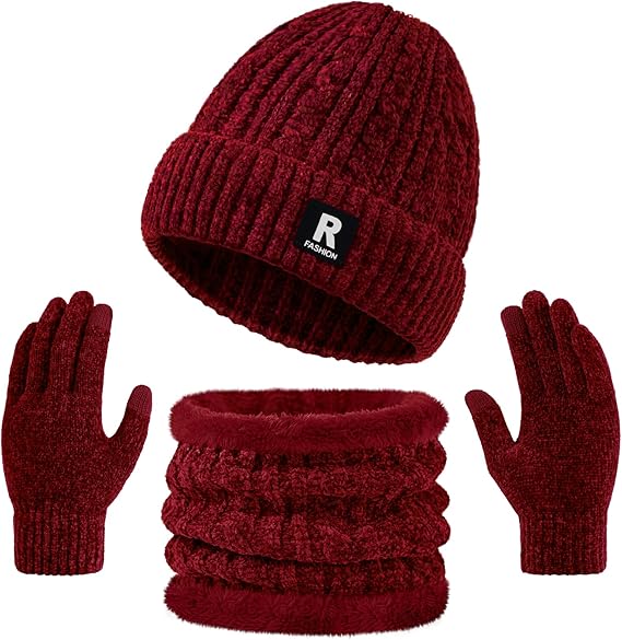 3PCS Winter Hat, Scarf & Gloves Set – Warm Fleece Lined Skull Cap & Gloves