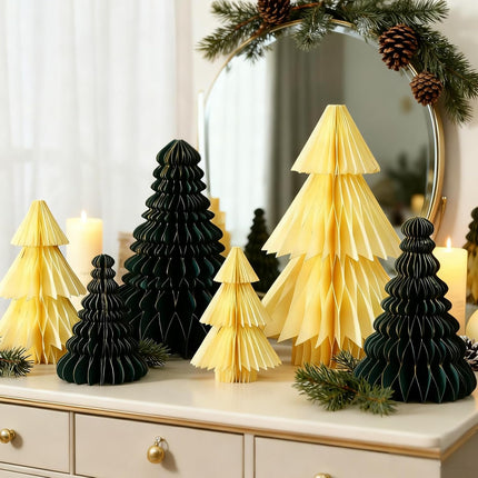 6PCS Honeycomb Christmas Trees Gold Edge 3D Table Centerpiece Holiday Decor