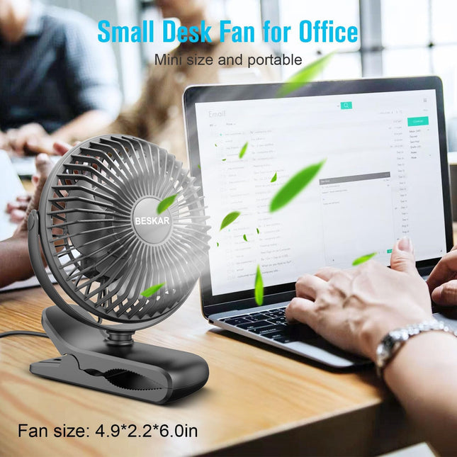 Small Clip-On Fan, USB Powered, 3 Speeds, Strong Airflow for Desk Use