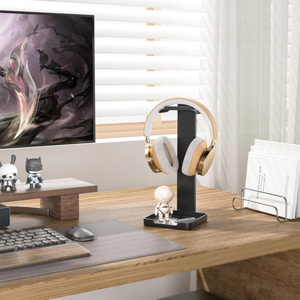 Black Metal Headphone Stand – Stable Holder with Bottom Storage Tray