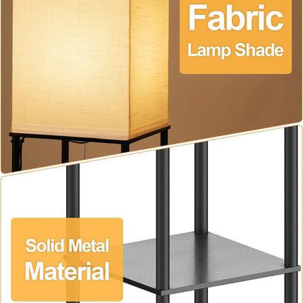 Floor Lamp with 3-Tier Shelves, 3 CCT LED Bulb and White Linen Shade for Living Room