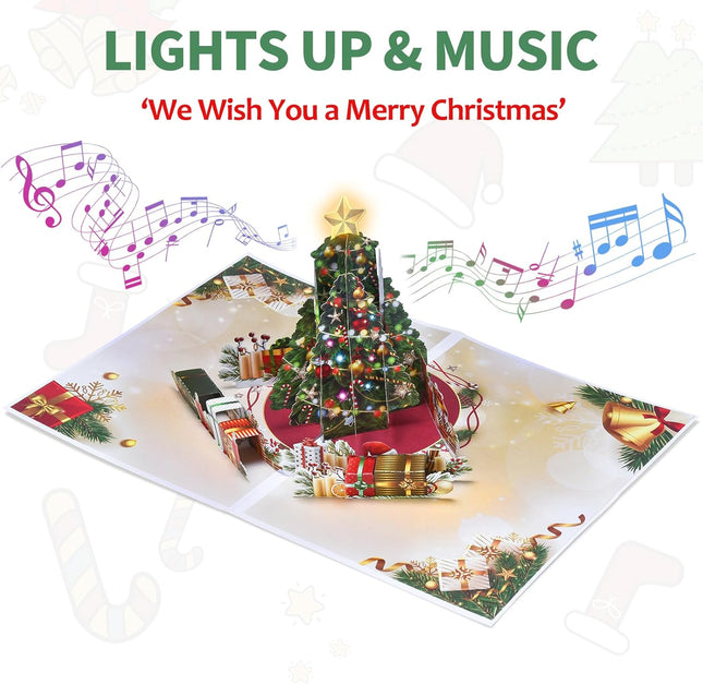 3D Pop-Up Christmas Cards with Music & Lights, Handmade Christmas Tree Greeting Card