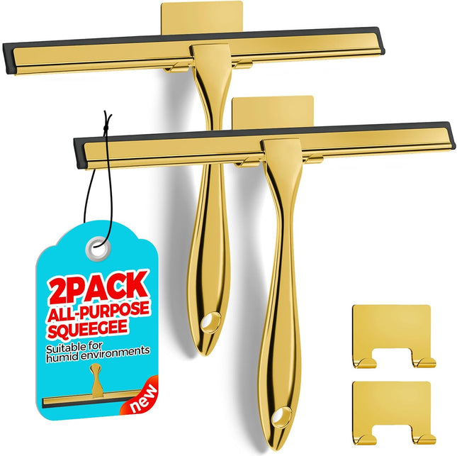 2-Pack Golden Stainless Steel Squeegees for Shower Doors, Glass, & Windows