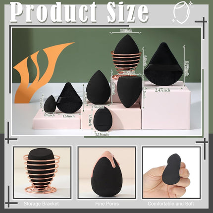 17PCS Makeup Sponge Set, Mini Beauty Blenders, Holder & Powder Puffs, Black