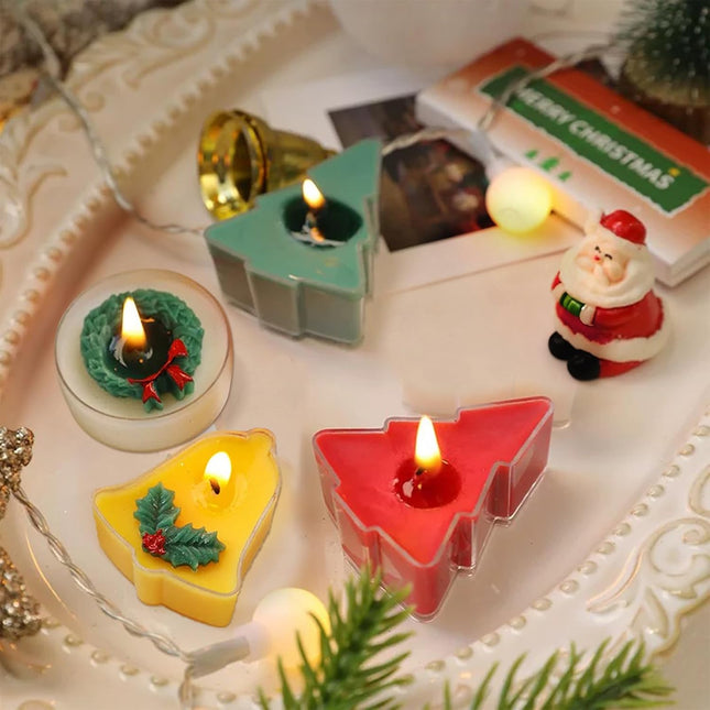 4pcs Christmas Scented Tealight Candles – Tree, Bell & Wreath Shapes