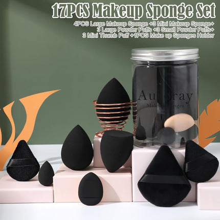 17PCS Makeup Sponge Set, Mini Beauty Blenders, Holder & Powder Puffs, Black