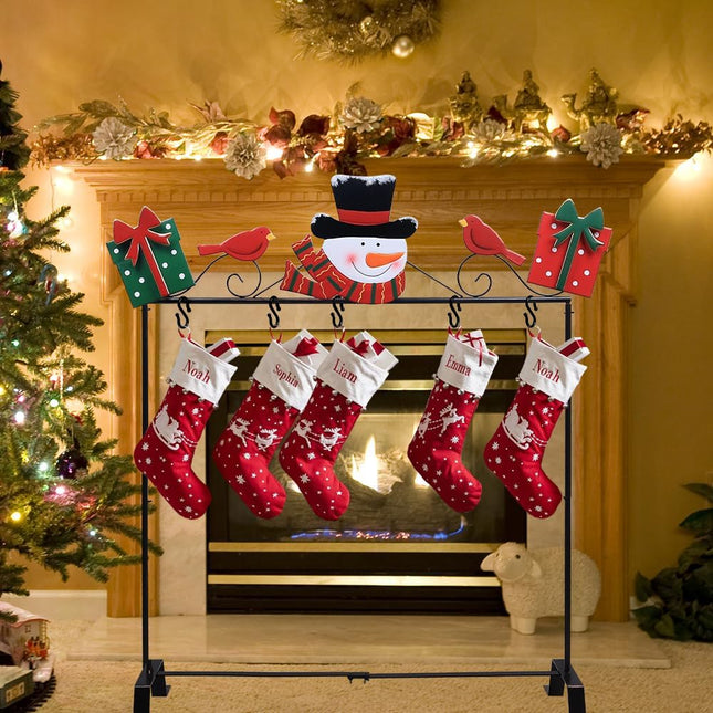 Christmas Stocking Holder – Freestanding Metal Stand with 5 Hooks & Decor