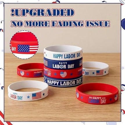 60 Pcs Happy Labor Day Silicone Bracelets Red White Blue Patriotic Wristbands