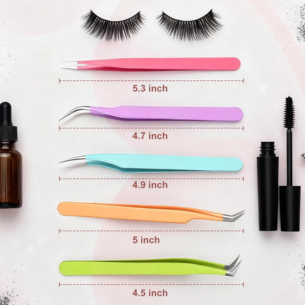 5PCS Eyelash Extension Tweezers Straight Curved Precision Lash Tools Set