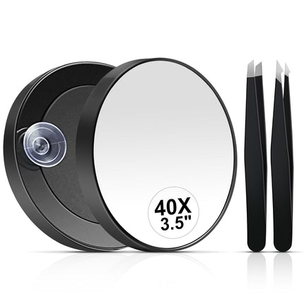 40X Magnifying Makeup Mirror, 3.5" Compact Suction Cup Mirror with Tweezers
