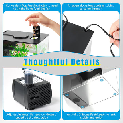 1 Gallon Betta Fish Tank Aquarium Kit, Small Fish Bowl with LED Light & Filter Pump