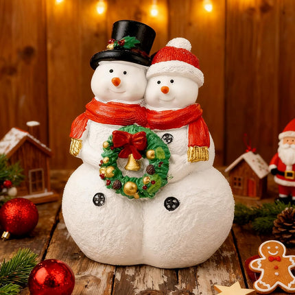 Snowman Couple Figurines with Wreath | Resin Christmas Tabletop Decor