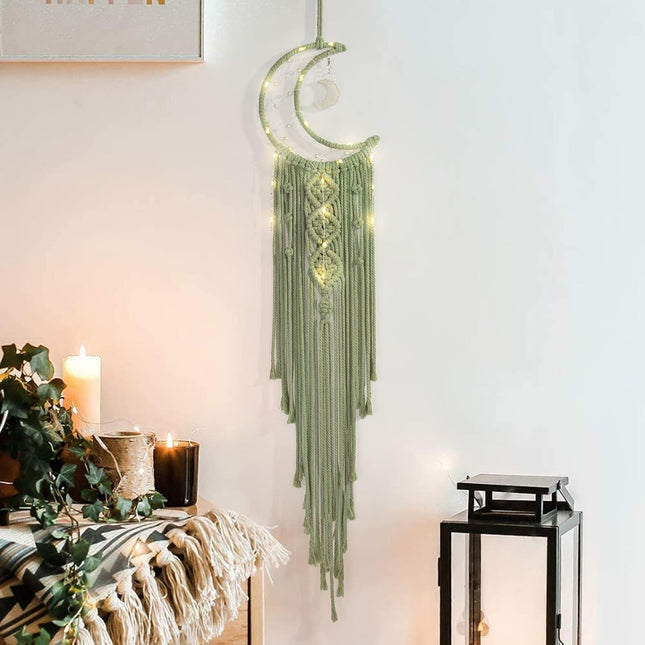 Green Macrame Moon Dream Catcher Wall Hanging with Stars, Tassels, Boho Bedroom Decor