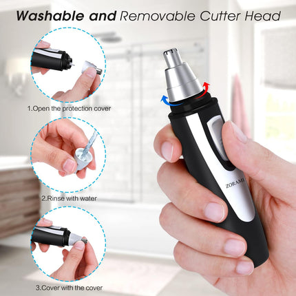 Waterproof Ear & Nose Hair Trimmer – Dual Blade, Battery Operated, Black