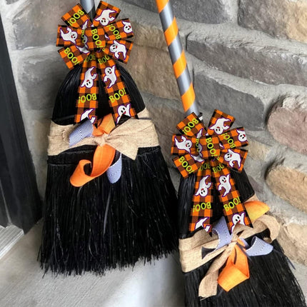 2-Piece Halloween Wreath Bows, Ghost Boo Plaid Burlap Linen Ribbon Home Decor