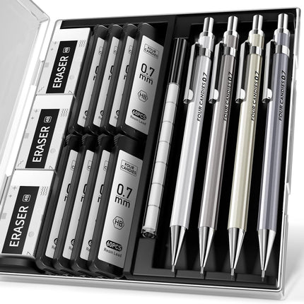 4PCS 0.7mm Mechanical Pencils – Lead & Eraser Refills for Writing & Drawing