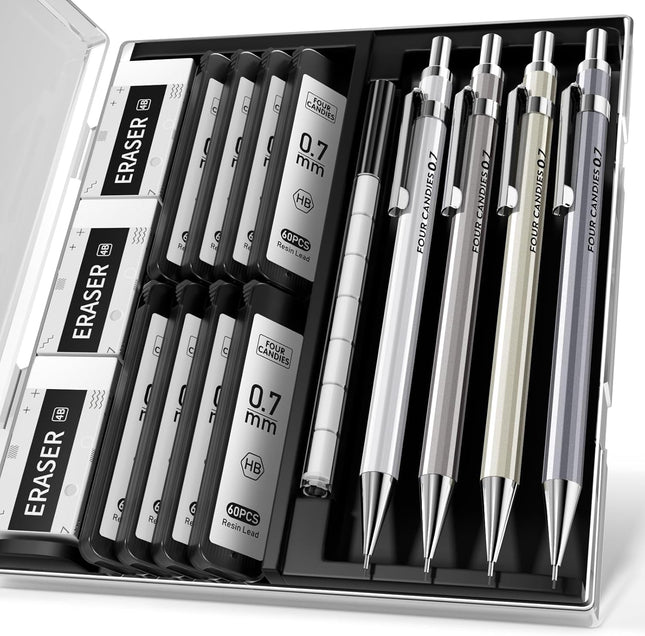 4PCS 0.7mm Mechanical Pencils – Lead & Eraser Refills for Writing & Drawing