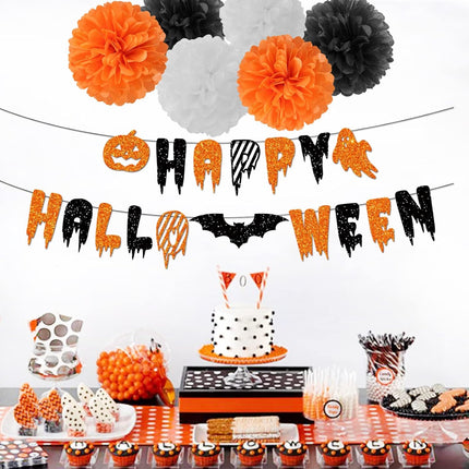 8-Piece Halloween Party Decor Kit, Happy Halloween Banner, Pom Poms & Bat Garland