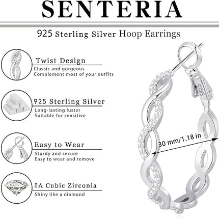 925 Sterling Silver Twisted Hoop Earrings for Women – Hypoallergenic, CZ, 20-60mm