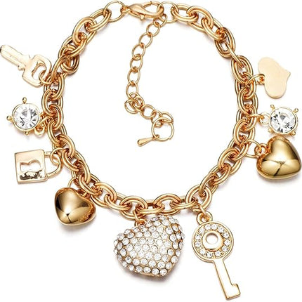 Gold Chain Link Bracelet 14K Plated Love Lock Key Heart Charm Women