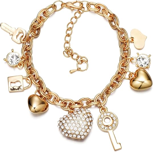Gold Chain Link Bracelet 14K Plated Love Lock Key Heart Charm Women