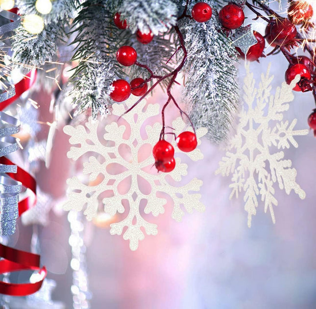 6-Pcs Glitter Snowflake Ornaments: 12” Large White Plastic Snowflakes for Indoor & Outdoor