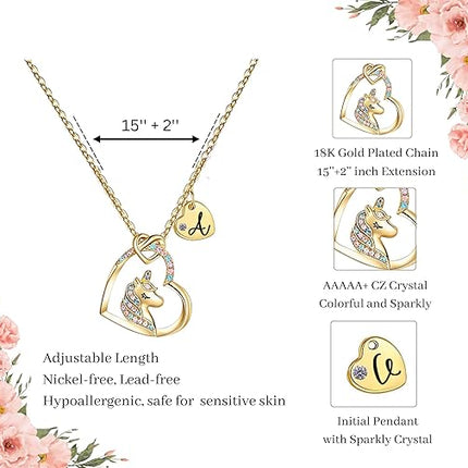 Unicorn Heart Necklace for Kids with Initial Pendant 18K Gold Plated