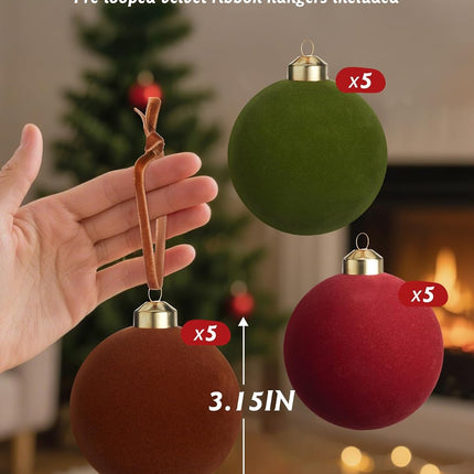 15 Velvet Christmas Balls, 3.15 Inch Red, Green & Brown Velvet Ornaments for Xmas Tree Decor