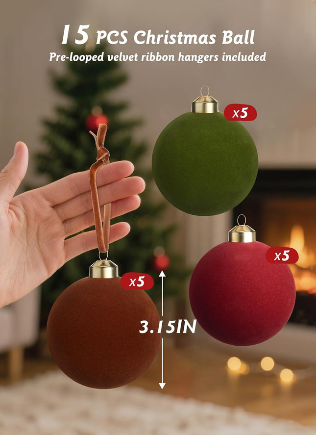 15 Velvet Christmas Balls, 3.15 Inch Red, Green & Brown Velvet Ornaments for Xmas Tree Decor