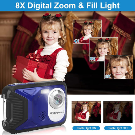 Waterproof Digital Camera 1080P 36MP with 32GB Card for Kids Teens Blue