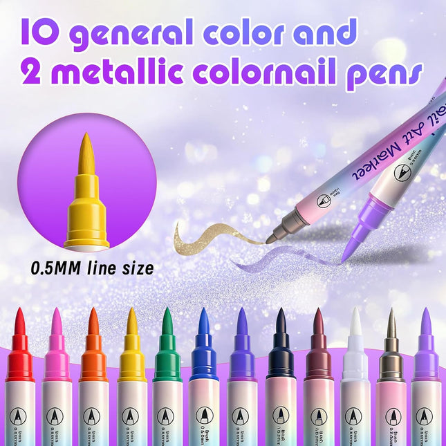 12-Color Nail Art Marker Pens with Stencils, Dual-Tip Brushes, Stickers & DIY Tools