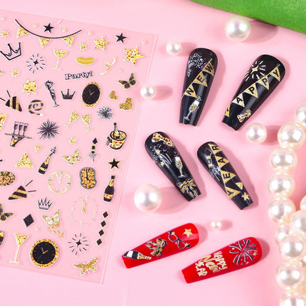6 PCS New Year 2025 Nail Decals Glitter Gold Fireworks Manicure Stickers