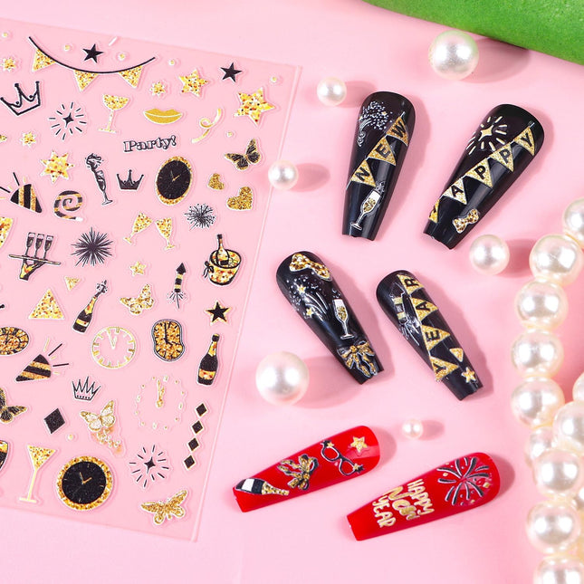 6 PCS New Year 2025 Nail Decals Glitter Gold Fireworks Manicure Stickers