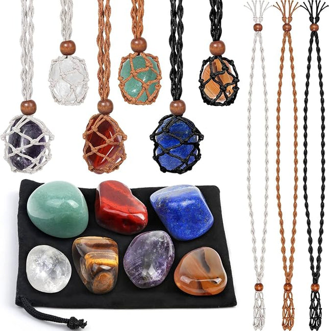 Macrame Crystal Necklace Holder Set with 7 Healing Stones and 6 Adjustable Cages