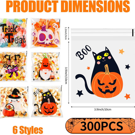 300PCS Halloween Cellophane Treat Bags, Self-Sealing Candy Cookie Goodie Bags