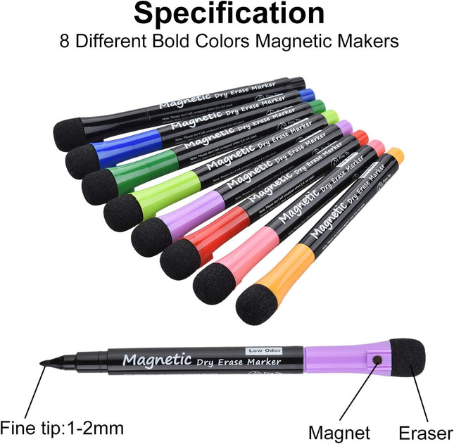 8PCS Whiteboard Markers with Erasers – Low Odor Magnetic Dry Erase Pens