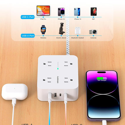 8-Outlet Surge Protector Power Strip, 4 USB Ports (2 USB-C), 5Ft Extension Cord