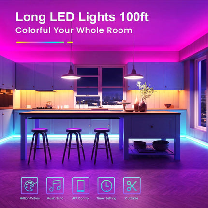 LED Strip Lights 100ft – RGB, Bluetooth Music Sync, Remote & App Controlled