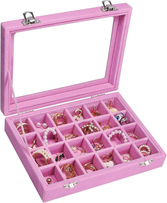 Velvet Jewelry Box – 24 Grid Ring Display, Earrings Storage for Women (Pink)