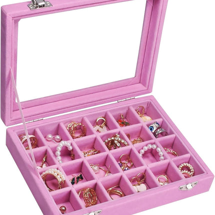 Velvet Jewelry Box – 24-Grid Ring & Earring Organizer, Pink for Women