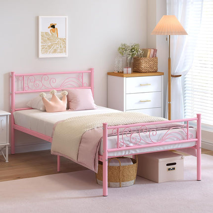 Pink Twin Metal Bed Frame Headboard, Heavy-Duty Steel Slats and 11.2-Inch Underbed Storage